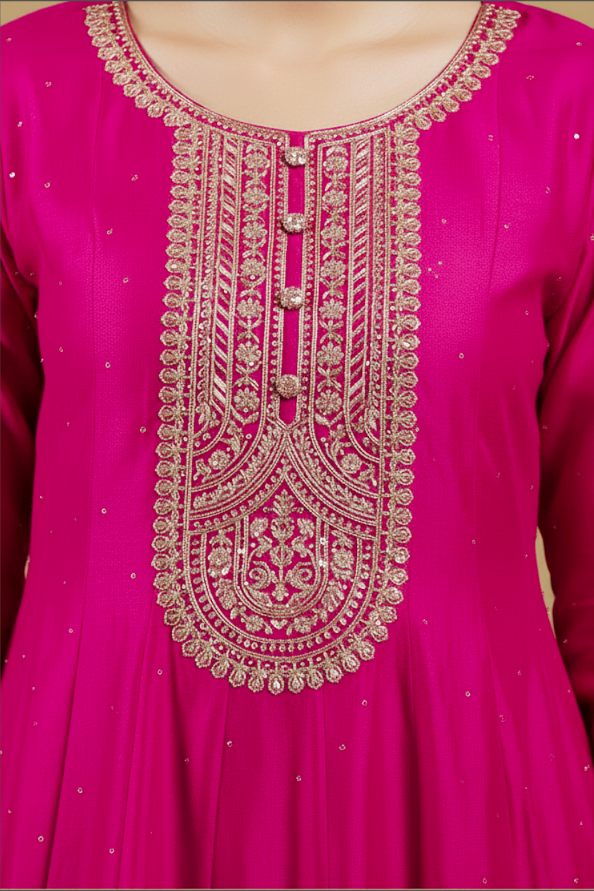 Hot Pink Silk Anarkali Set with Embroidery and Stonework