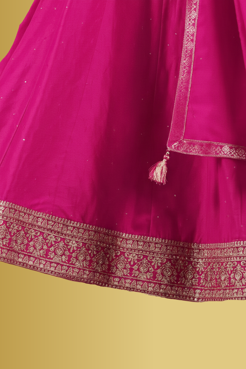 Hot Pink Silk Anarkali Set with Embroidery and Stonework