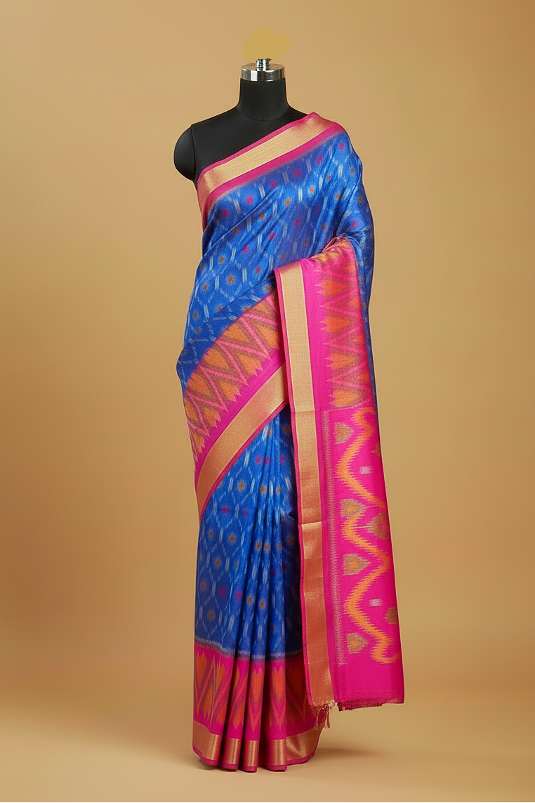 Royal Blue Pure Ikat Silk Saree with Magenta Pink Border