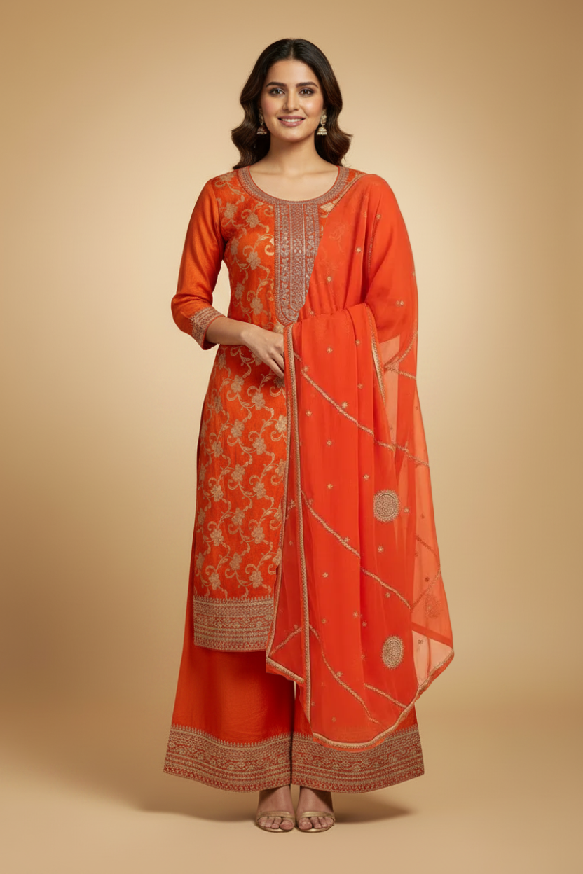 Orange Banarasi Silk Embroidery Sharara Set