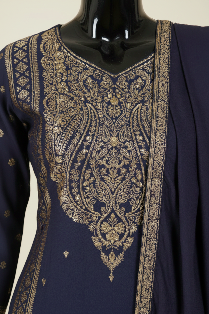 Navy Blue Cotton Silk Salwar Set with Gold Zari