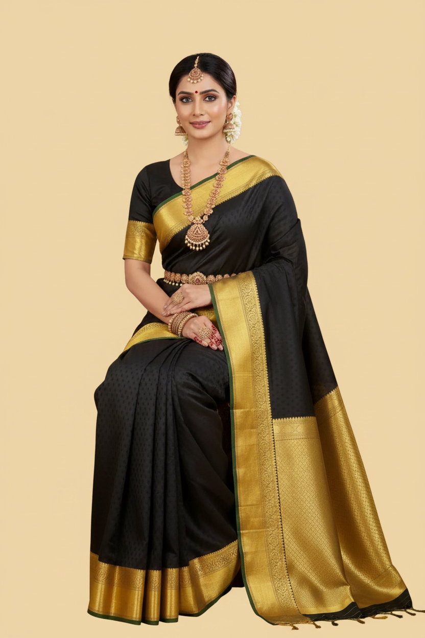 Black Pure Kanjeevaram Silk Saree with Gold Border & Pallu