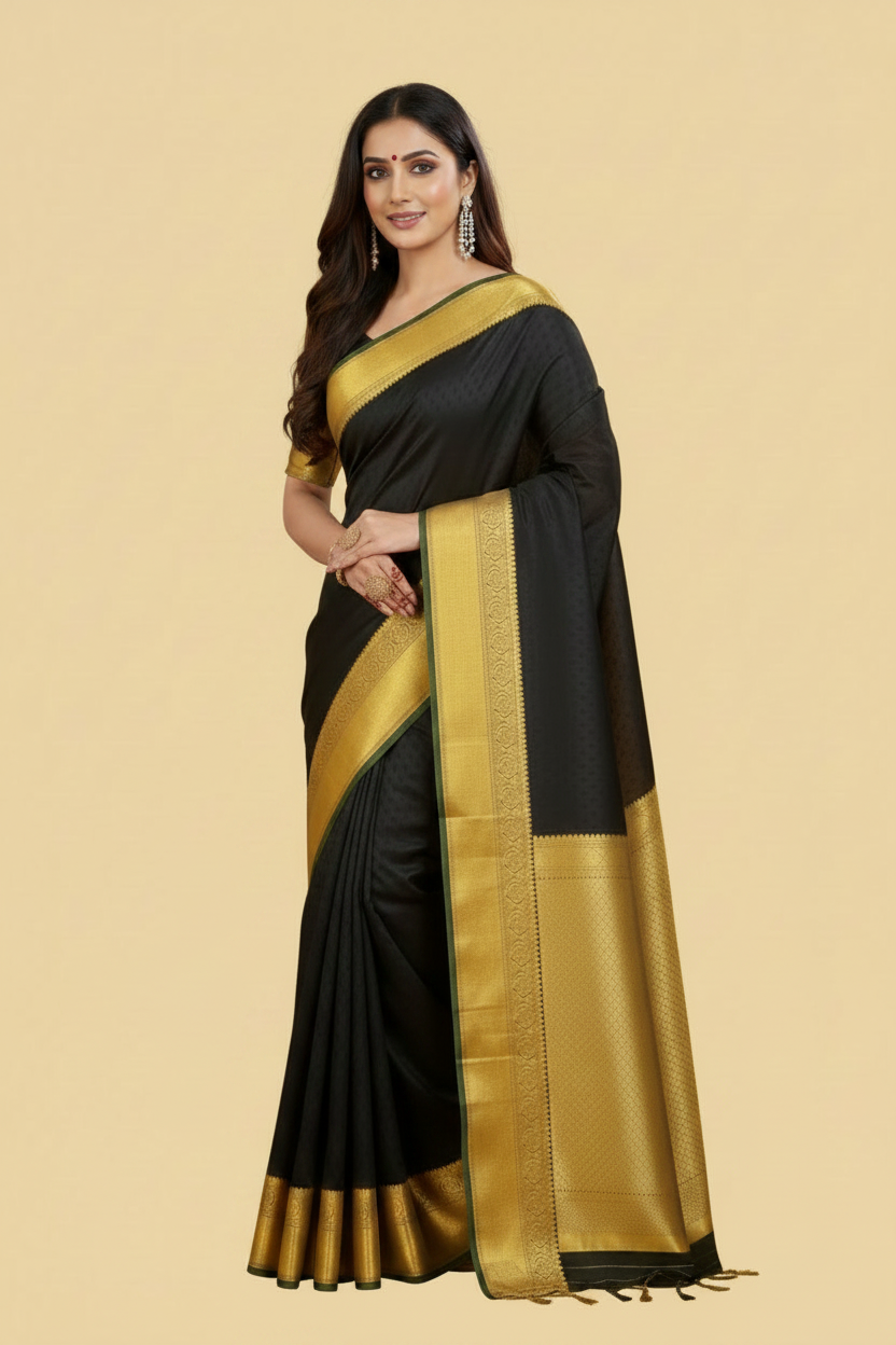 Black Pure Kanjeevaram Silk Saree with Gold Border & Pallu