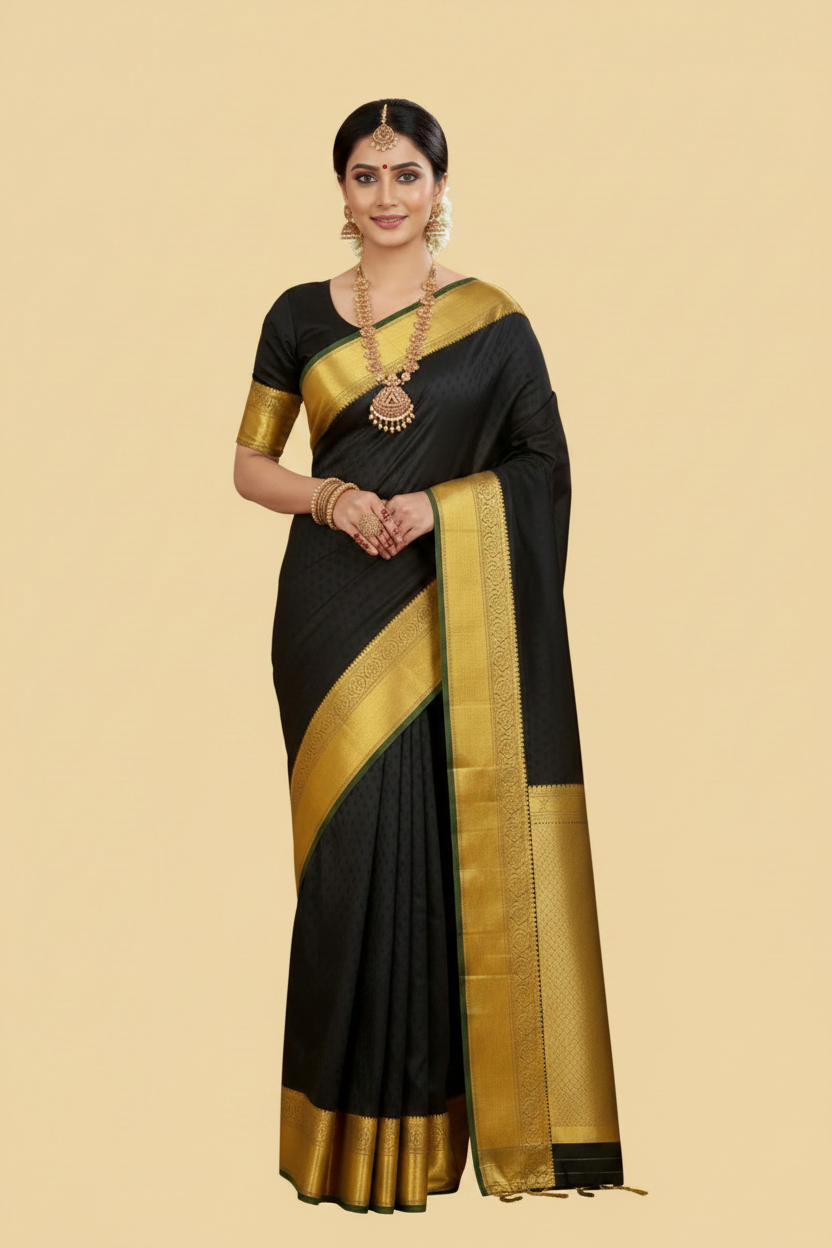 Black Pure Kanjeevaram Silk Saree with Gold Border & Pallu