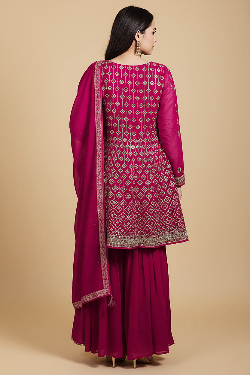 Magenta Pink Georgette Sharara Set with Embroidery