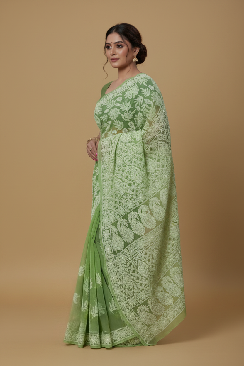 Green Pure Chikankari Georgette Saree with Mukaish Work