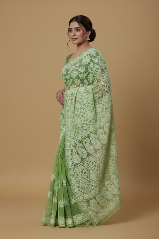 Green Pure Chikankari Georgette Saree with Mukaish Work