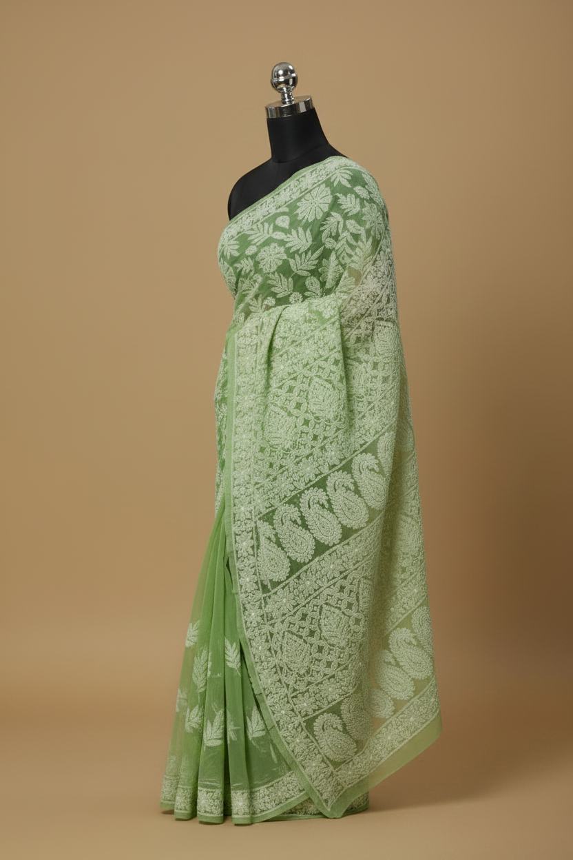 Green Pure Chikankari Georgette Saree with Mukaish Work