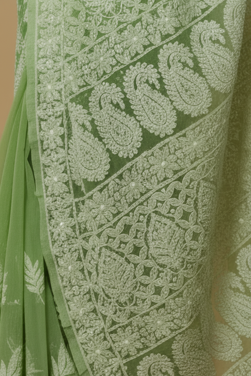 Green Pure Chikankari Georgette Saree with Mukaish Work