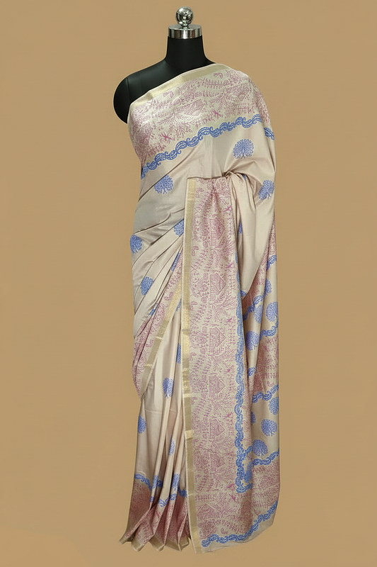Light Beige Pure Katan Silk Saree with Hand Block Print