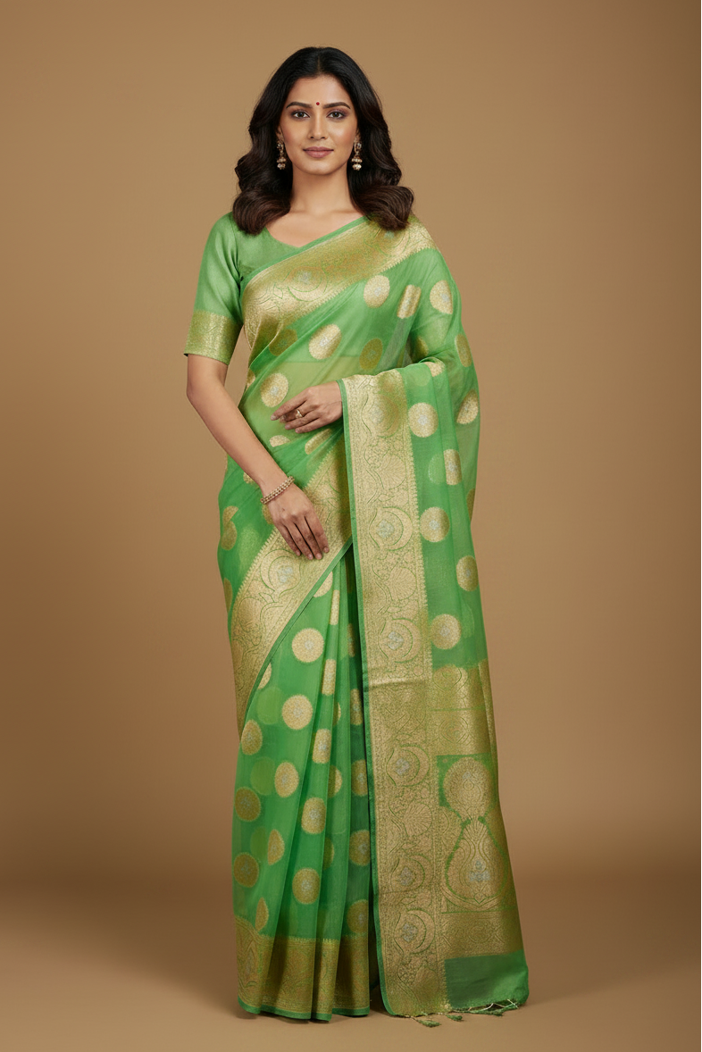 Apple Green Banarasi Organza - Model clean edge