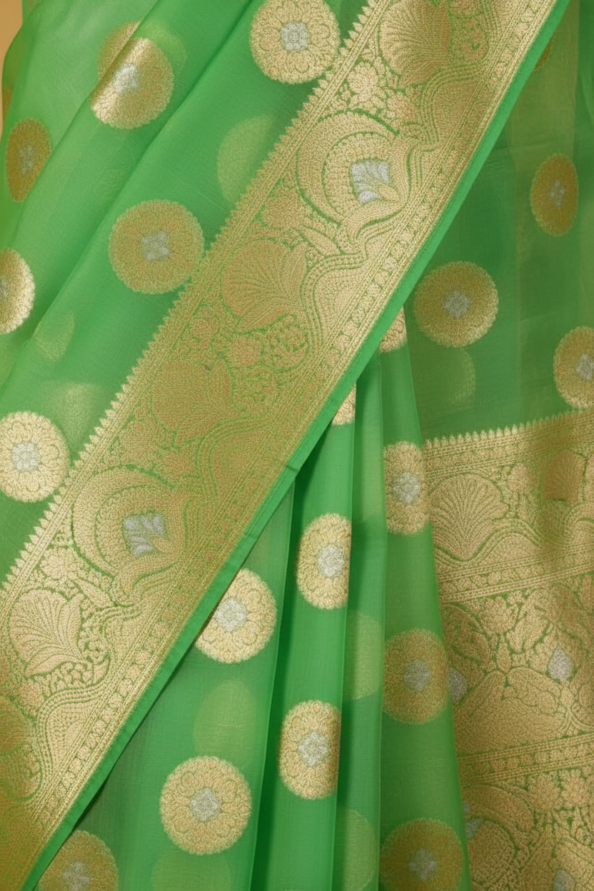Apple Green Banarasi Organza Saree - Border Close-up