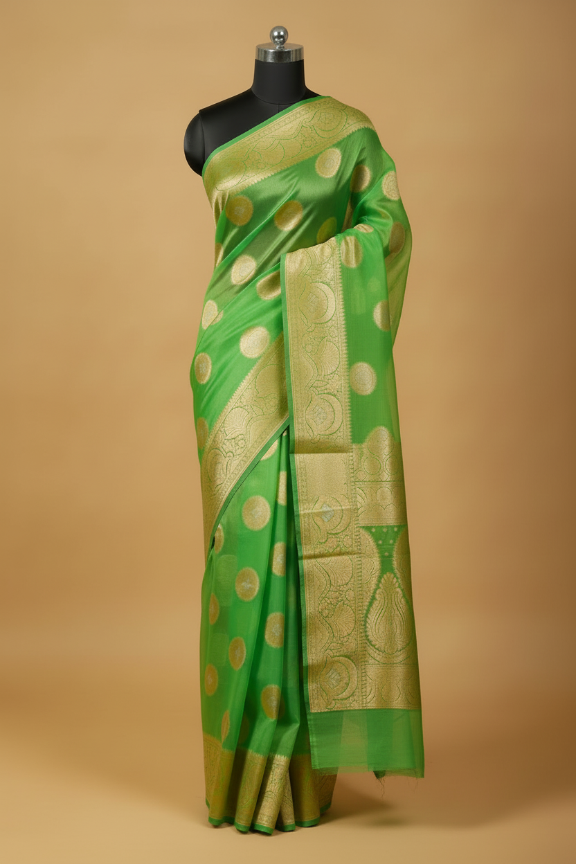 Apple Green Banarasi Organza Saree - Full Mannequin