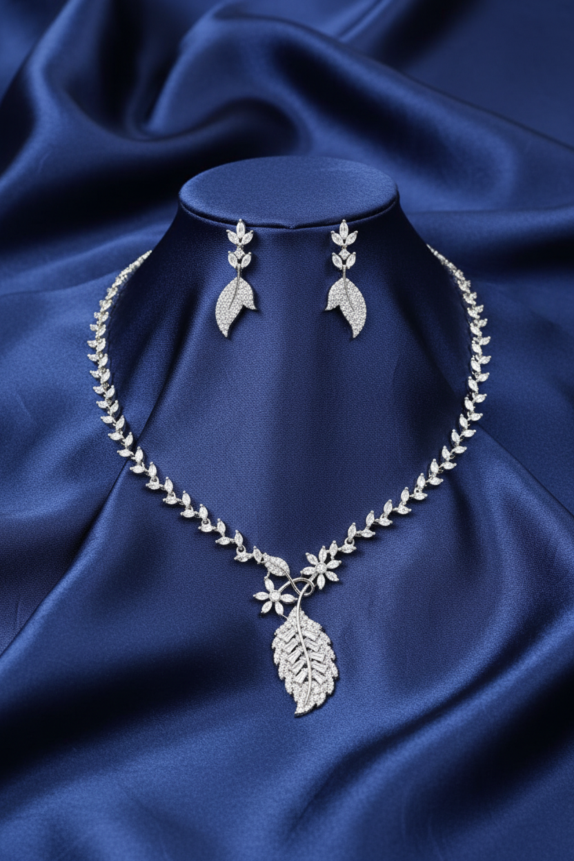 Baguette style Stone studded Necklace & Earrings Set - Navy Blue