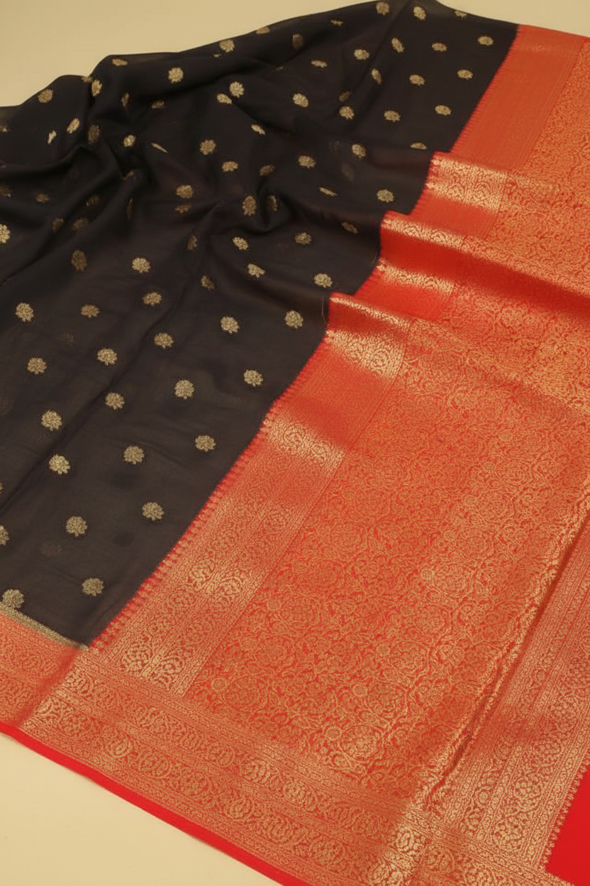Black Banarasi Saree Fabric Detail Filled