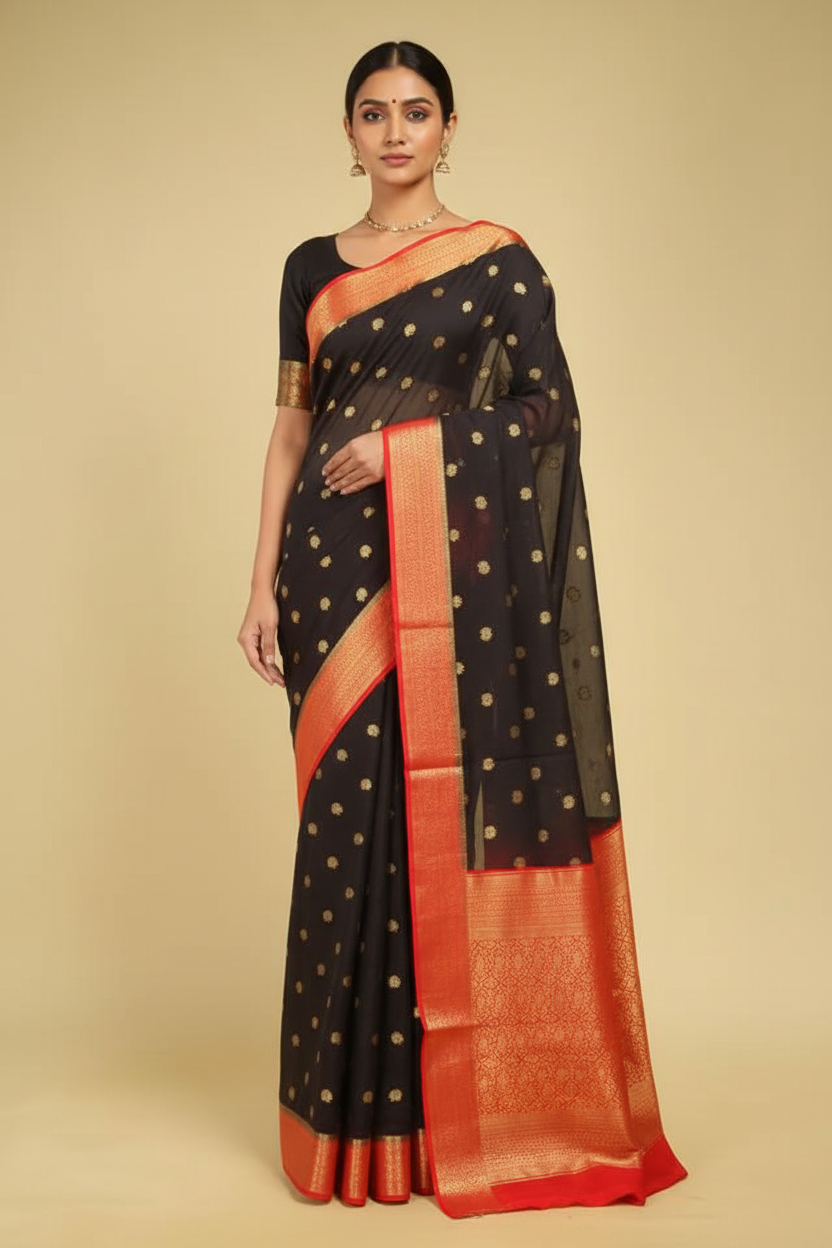 Black Banarasi Saree with Red Border Model