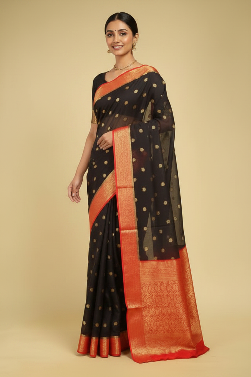 Black Banarasi Georgette Saree with Red Border