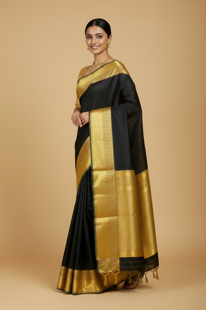 Black Pure Kanjeevaram Silk Saree with Gold Border & Pallu