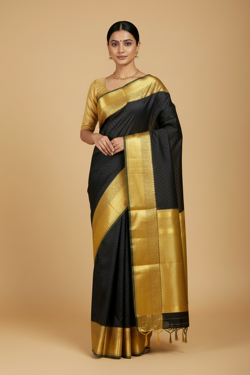 Black Pure Kanjeevaram Silk Saree with Gold Border & Pallu
