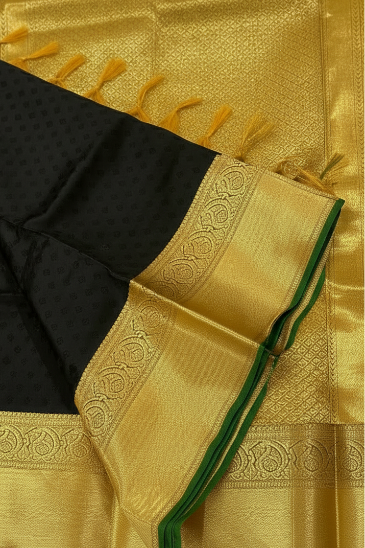 Black Pure Kanjeevaram Silk Saree with Gold Border & Pallu