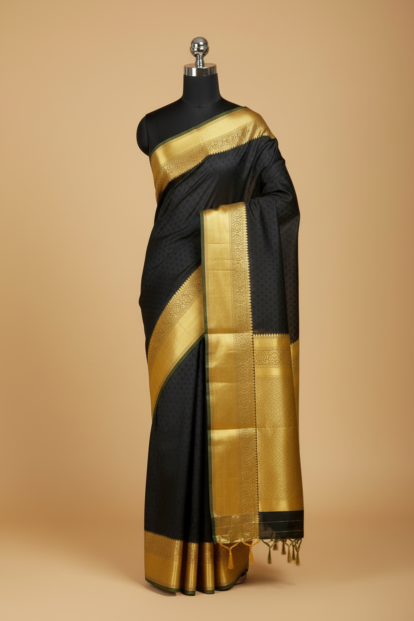 Black Pure Kanjeevaram Silk Saree with Gold Border & Pallu