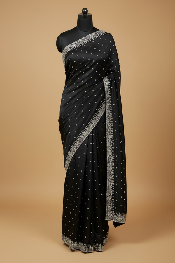 Black Satin Saree with Crystal Work