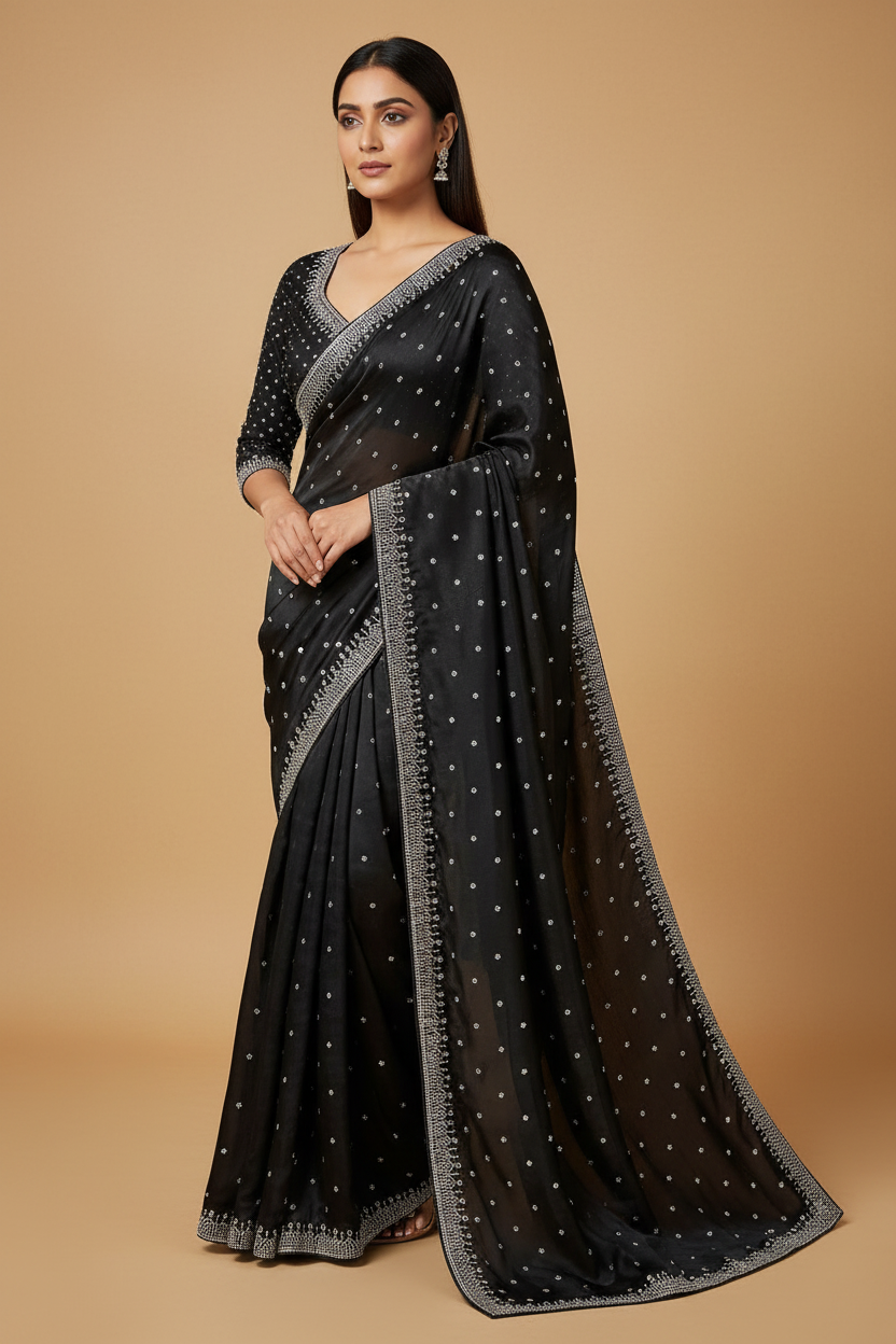 Black Satin Saree - Fully Crystal Blouse - Three-Quarter Turn