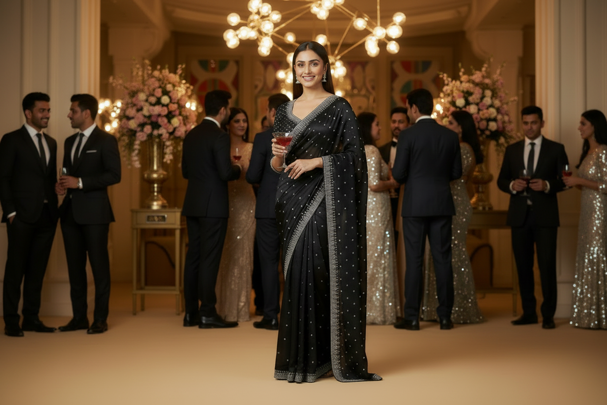 Black Satin Saree with Crystal Work