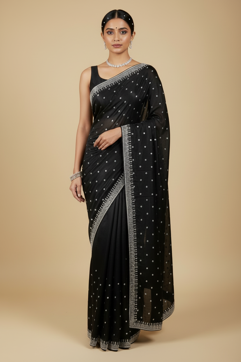 Black Satin Saree with Crystal Work on Model