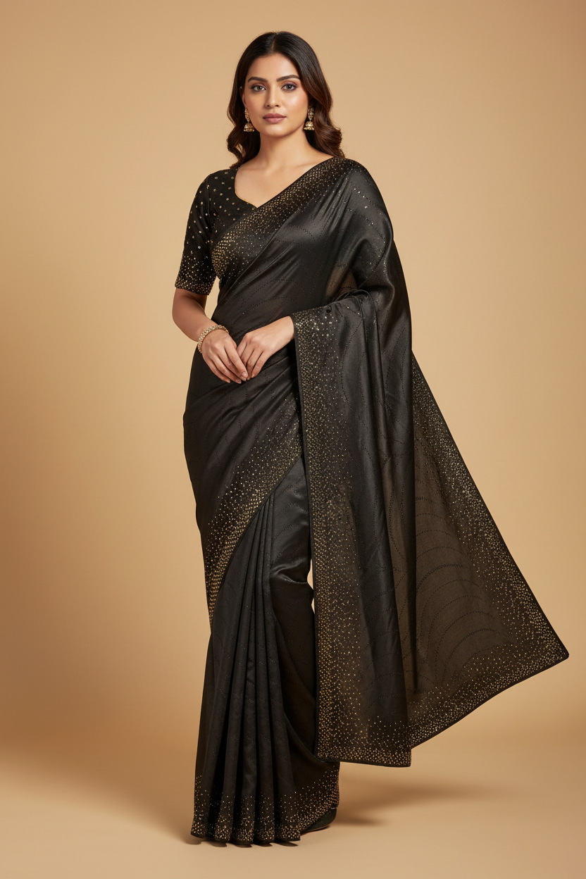 Black Satin Stonework Saree - Accurate Details