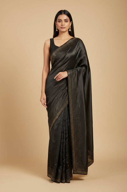 Black Satin Stonework Saree - Sleeveless Blouse