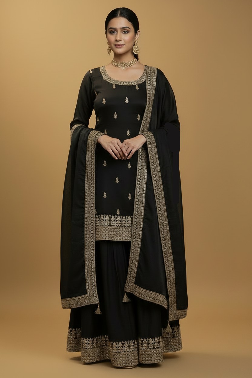 Black Sharara - Front Dupatta Drape