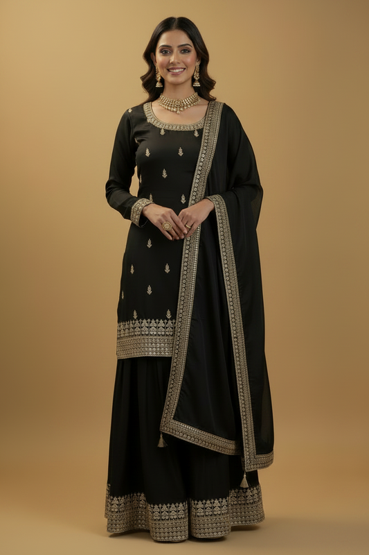 Black Sharara - Left Shoulder Dupatta