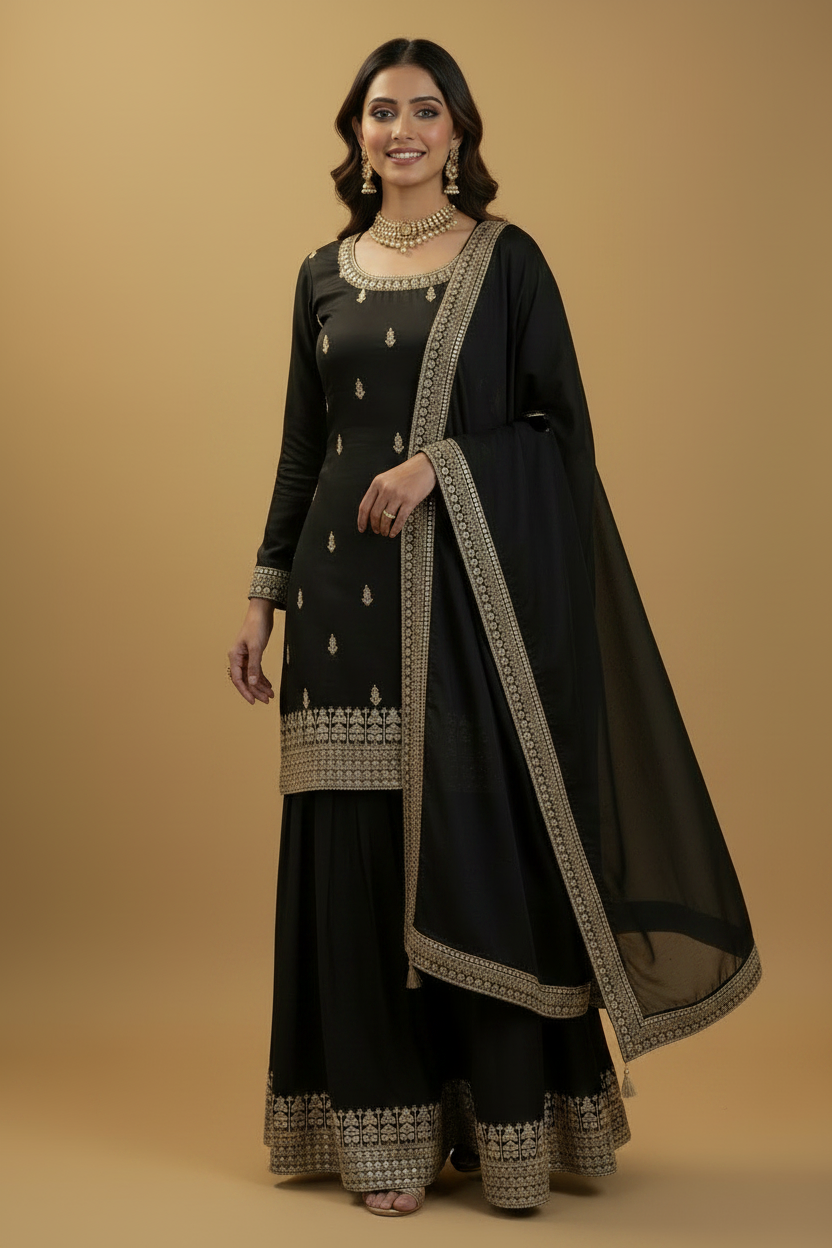 Black Silk Sharara Set with Gold Zari Embroidery