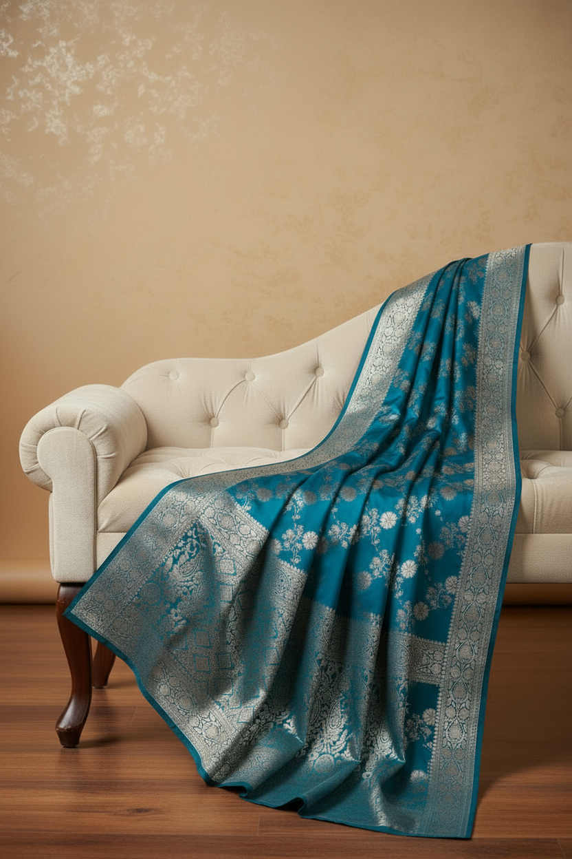Blue Banarasi on armless sofa