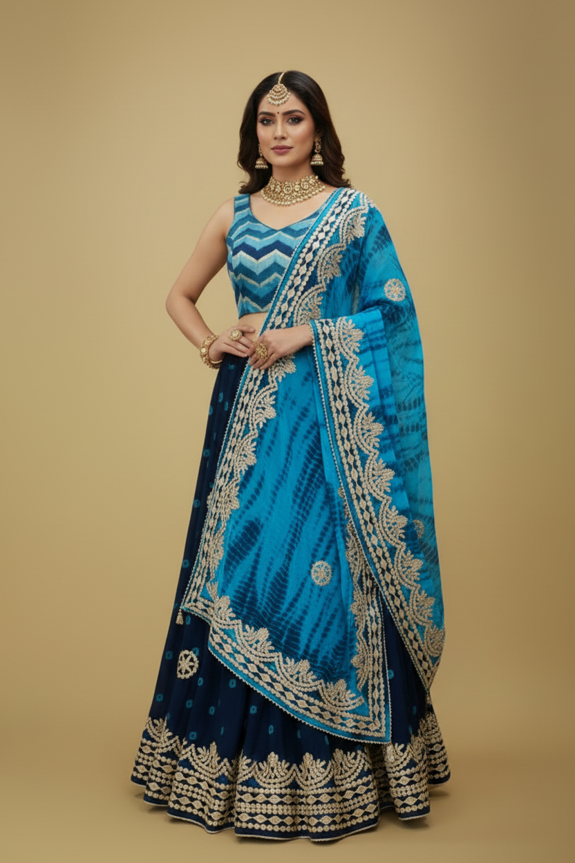 Blue Bandhani Silk Lehenga Set with Gota Embroidery