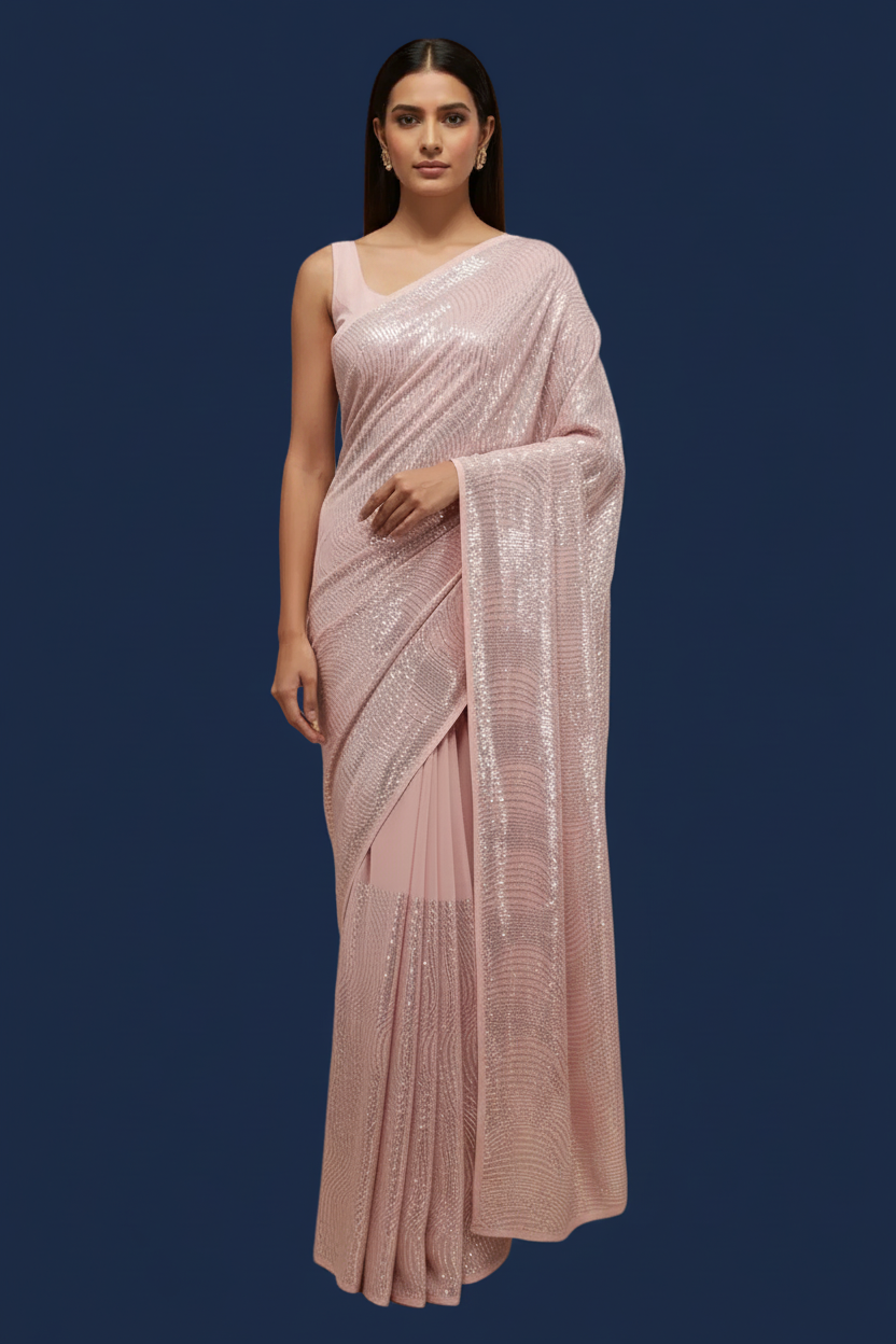 Lavender-Pink Sequin Georgette Saree