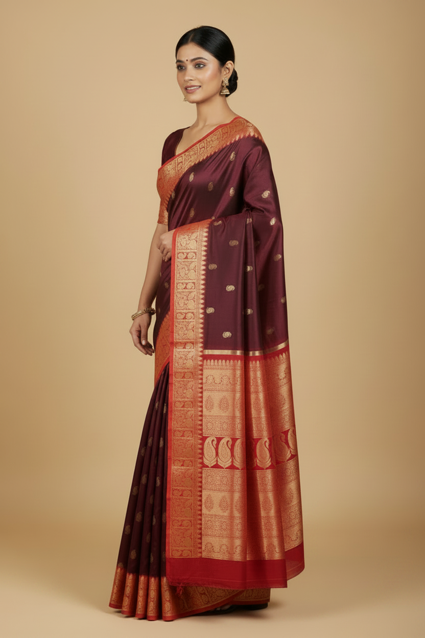 Burgundy Brown Kanjeevaram - Side Pose