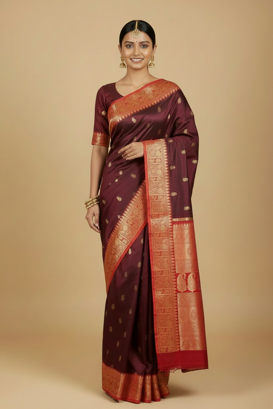 Burgundy Pure Kanjeevaram Silk Saree with Red Border & Pallu