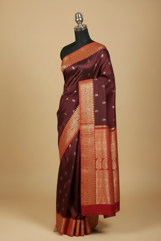 Burgundy Pure Kanjeevaram Silk Saree with Red Border & Pallu