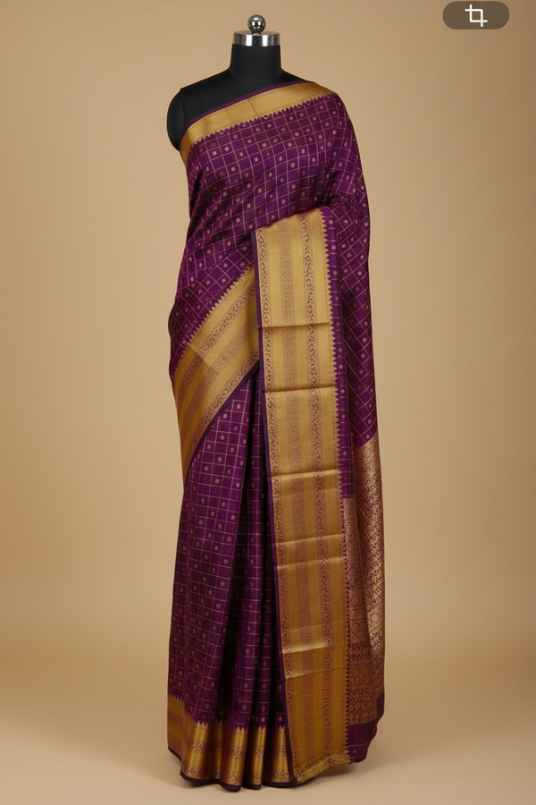 Burgundy Purple Pure Kanjeevaram Silk Saree with Gold Border