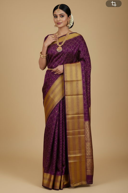 Burgundy Purple Pure Kanjeevaram Silk Saree with Gold Border