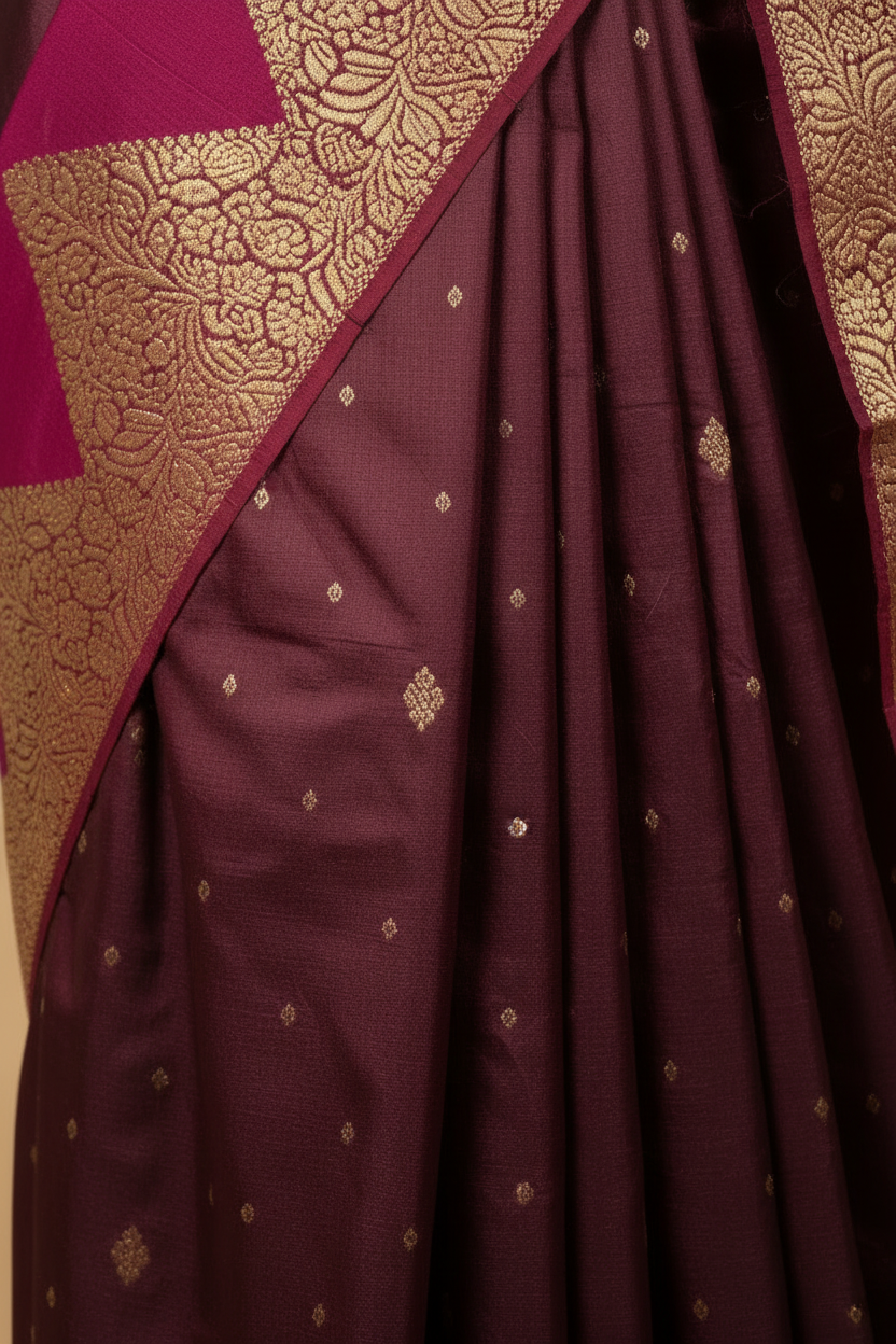 Burgundy Silk Fabric Close-up with Gold Zari Butis