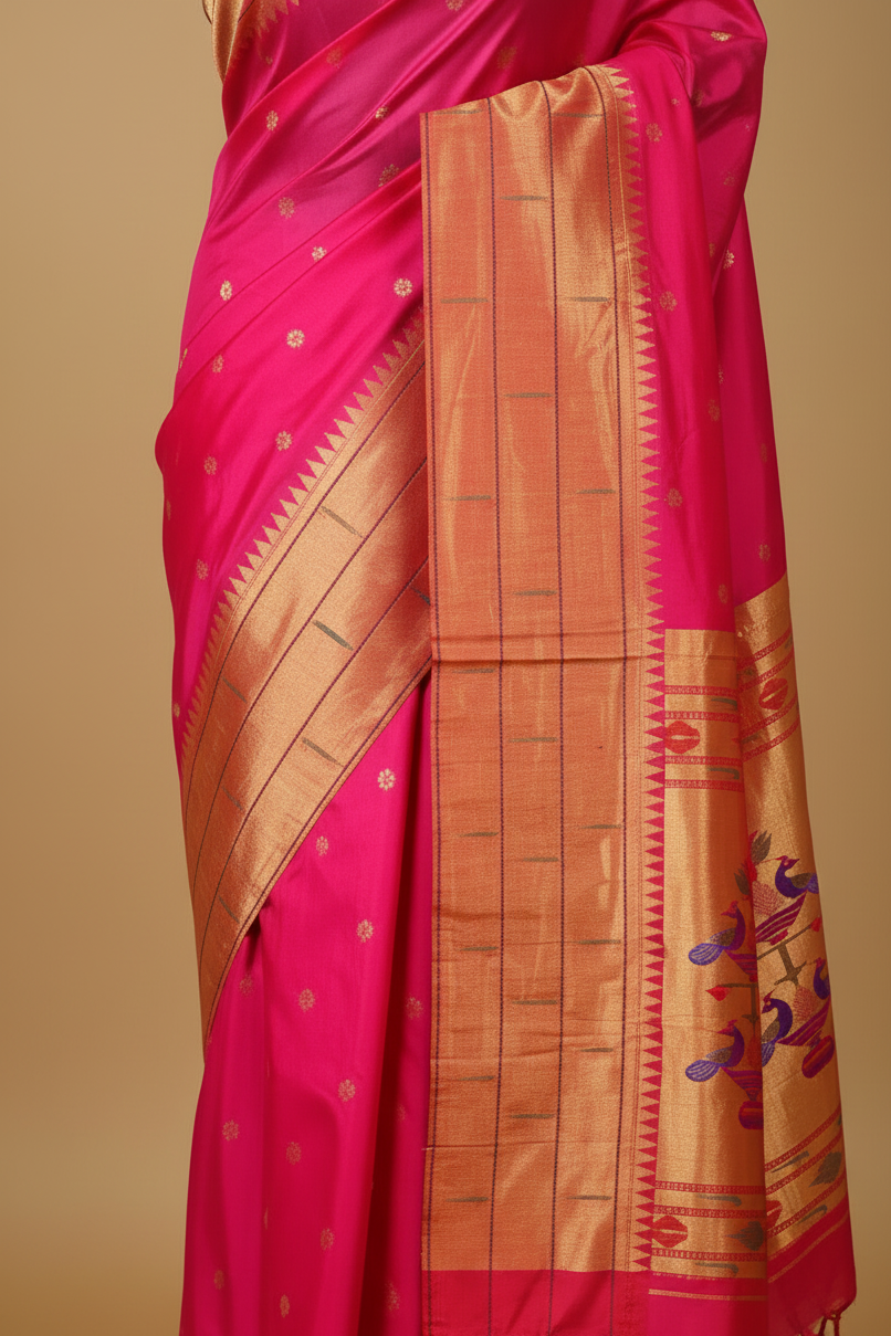 Combined body, border, and pallu on mannequin