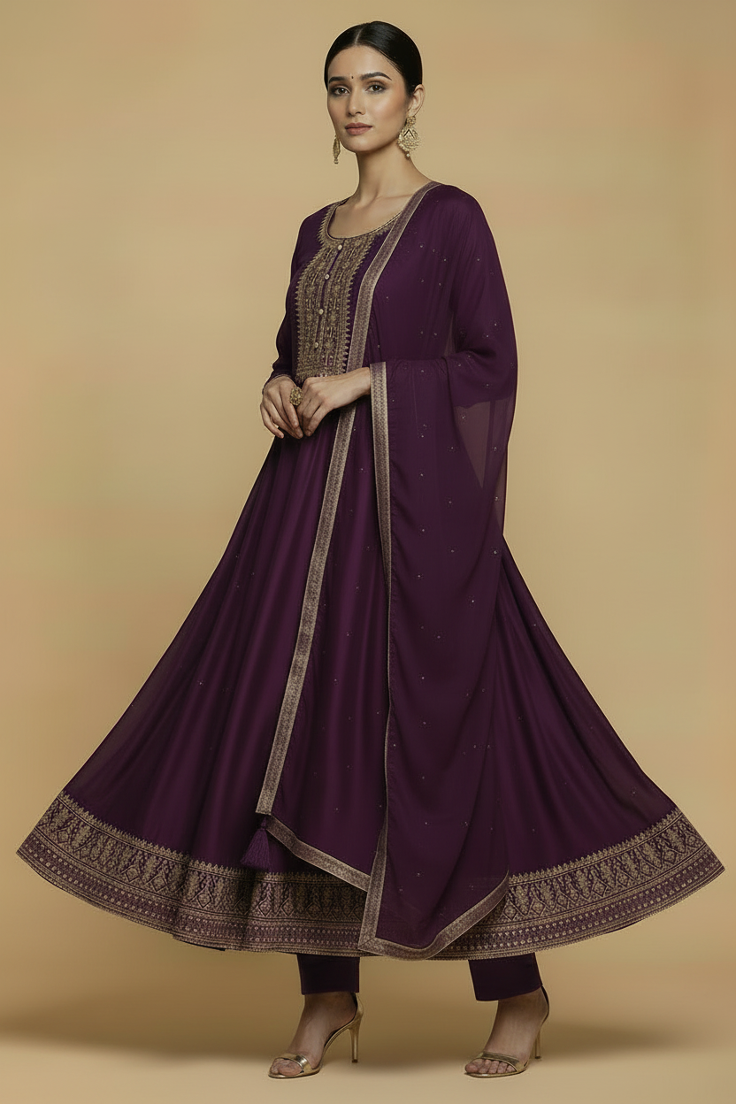 Deep Purple Silk Anarkali Set with Embroidery and Stone Work Dupatta