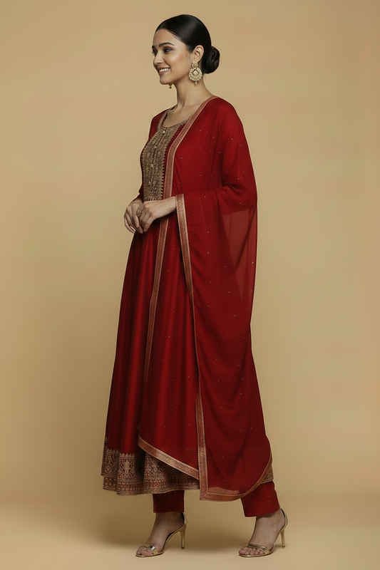 Red Silk Anarkali Set with Embroidery and Stone Work Dupatta
