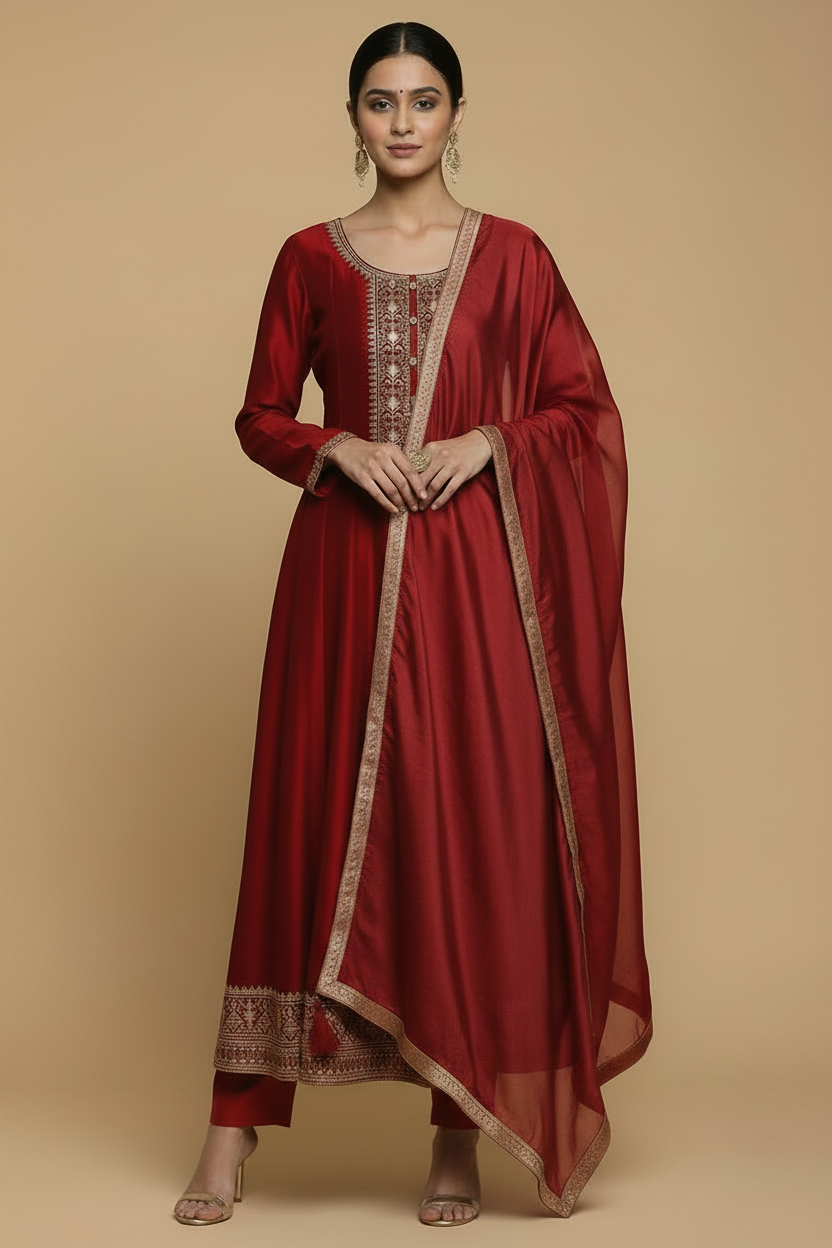 Red Silk Anarkali Set with Embroidery and Stone Work Dupatta