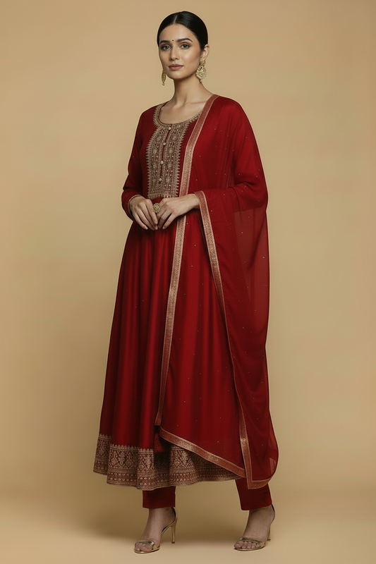 Red Silk Anarkali Set with Embroidery and Stone Work Dupatta
