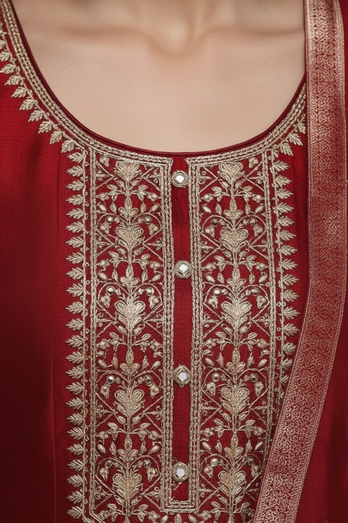 Red Silk Anarkali Set with Embroidery and Stone Work Dupatta