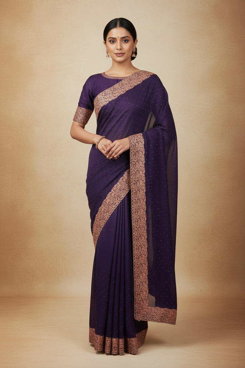 Deep Purple Georgette Saree on AI Model